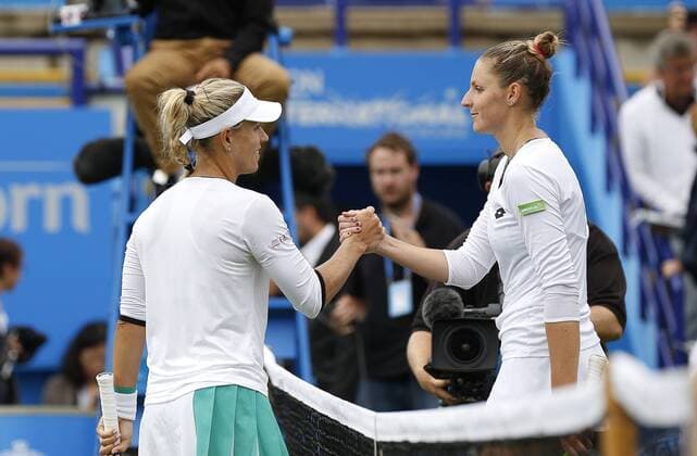 June 28th 2017, Devonshire Park, Eastbourne, England; Aegon International Eastbourne; Day 3; Angelique Kerber (GER) versus Kristyna Pliskova (CZE); Kerber shakes hands with Pliskova as she won her 2nd round match 4-6 6-1 7-5 xHongboxChenx  ActionPlus11895020