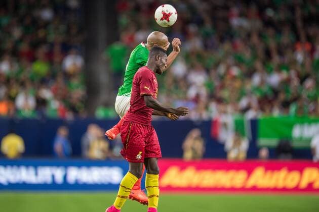 June 28, 2017: Ghana defender Lumor Agbenyenu (17) and Mexico defender Luis Rodriguez (2) battle for a header during the 2nd half of an international soccer friendly match between Mexico and Ghana at NRG Stadium in Houston, TX. Mexico won the game 1-0... CSM Soccer 2017: Ghana vs Mexico JUN 28 - ZUMAc04_ 20170628_zaf_c04_036 Copyright: xTraskxSmithx