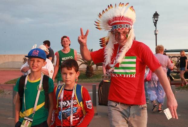 SOCHI, RUSSIA - JUNE 29, 2017: Football fans seen outside Fisht Stadium ahead of the 2017 FIFA Confederations Cup semifinal football match between Germany and Mexico. Sergei Fadeichev TASS  TS05575A