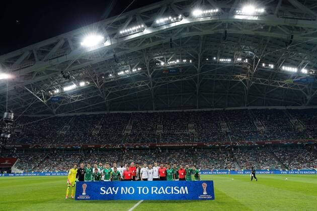 Germany vs Mexico SOCHI, SC - 29.06.2017: GERMANY VS MEXICO - Players and referees pose for photo with message against racism before Germany-Mexico match valid for the semifinals of the 2017 FIFA Confederations Cup on Thursday (29th), held at the Olympic Stadium in Sochi, Russia (Photo: Marcelo Machado de Melo Fotoarena) x1347231x  MarceloxMachadoxdexMelo
