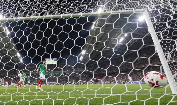 SOCHI, RUSSIA - JUNE 29, 2017: A goal conceded by Mexico s goalkeeper Guillermo Ochoa in the 2017 FIFA Confederations Cup semifinal football match against Germany at Fisht Stadium. Artyom Korotayev TASS  TS0557D0