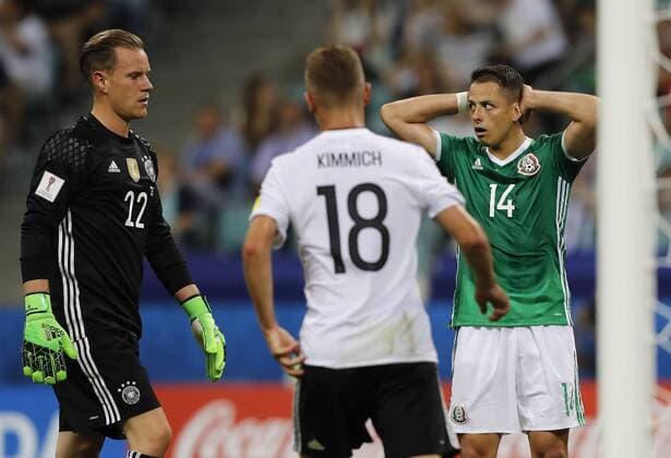 Germany vs Mexico SOCHI, SC - 29.06.2017: GERMANY VS MEXICO - HERNANDEZ Javier de México regrets bid ahead of Marc-Andre TER STEGEN and Joshua KIMMICH of Germany during a match between Germany and Mexico valid for the semifinals of the Confederations Cup 2017, held on Thursday (29), held at the Sochi Olympic Stadium in Sochi, Russia. (Photo: Rodolfo Buhrer La Imagem Fotoarena) x1347293x  RodolfoxBuhrer