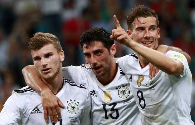 SOCHI, RUSSIA - JUNE 29, 2017: Germany s Timo Werner, Lars Stindl, and Leon Goretzka (L-R) celebrate scoring in their 2017 FIFA Confederations Cup semifinal football match against Mexico at Fisht Stadium. Sergei Fadeichev TASS  TS055835