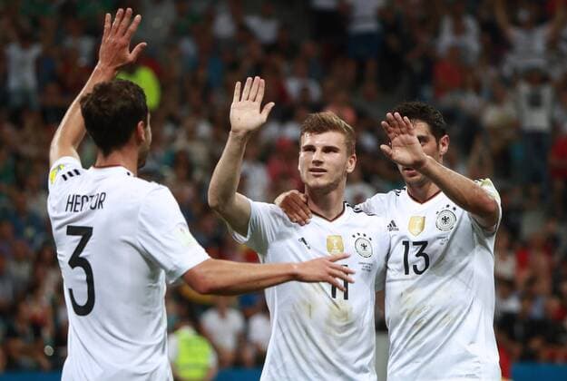 SOCHI, RUSSIA - JUNE 29, 2017: Germany s Jonas Hector, Timo Werner, and Lars Stindl (L-R) celebrate scoring in their 2017 FIFA Confederations Cup semifinal football match against Mexico at Fisht Stadium. Sergei Fadeichev TASS  TS055836