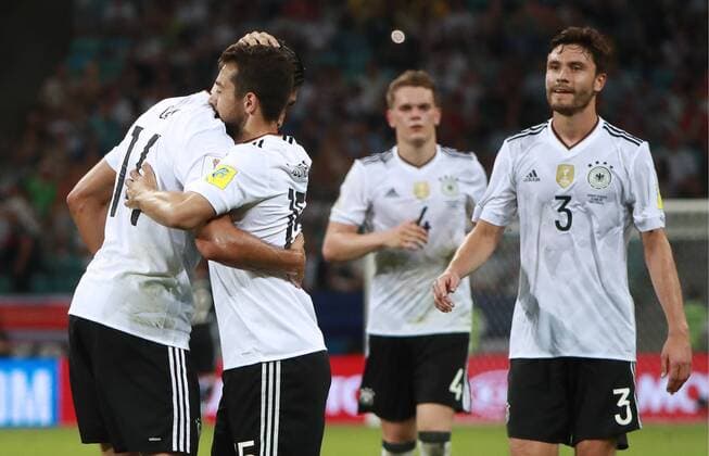 SOCHI, RUSSIA - JUNE 29, 2017: Germany s players celebrate scoring in their 2017 FIFA Confederations Cup semifinal football match against Mexico at Fisht Stadium. Germany won the game 4-1. Sergei Fadeichev TASS  TS05584F