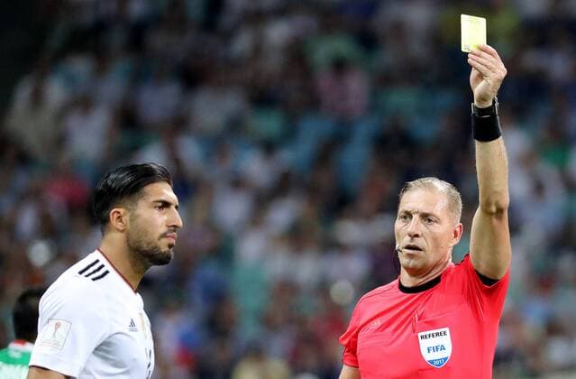 SOCHI, RUSSIA - JUNE 29, 2017: Germany s Emre Can (L) and referee Nestor Pitana seen during the 2017 FIFA Confederations Cup semifinal football match against Mexico at Fisht Stadium. Germany won the game 4-1. Artyom Korotayev TASS  TS055845