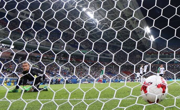 SOCHI, RUSSIA - JUNE 29, 2017: Germany s goalkeeper Marc-Andre ter Stegen concedes a goal in the 2017 FIFA Confederations Cup semifinal football match against Mexico at Fisht Stadium. Germany won the game 4-1. Artyom Korotayev TASS  TS05584E
