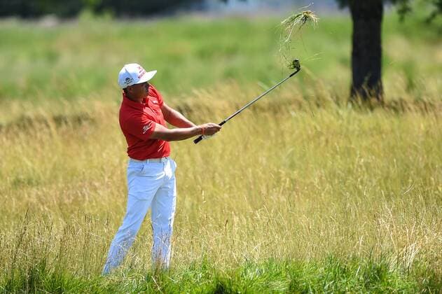 JUN 29, 2017 - Rickie Fowler (USA) hits from the deep grass left of the fairway on the seventh hole during the opening round at the 2017 Quicken Loans National at the Tournament Players Club in Potomac MD. PGA Golf Herren 2017: Quicken Loans National JUN 29 - ZUMAcjm_ 20170629_zaf_cjm_036 Copyright: xJohnxMiddlebrookx