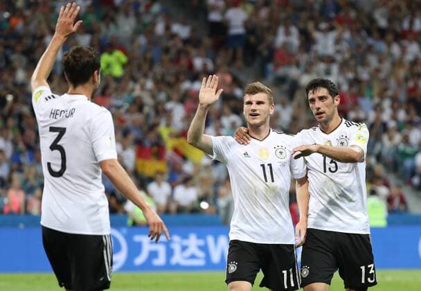 (170629) -- SOCHI, June 29, 2017 -- Timo Werner (C) of Germany celebrates with his teammates after scoring during the semifinal match between Germany and Mexico of the 2017 FIFA Confederations Cup in Sochi, Russia, on June 29, 2017. Germany won 4-1. ) (SP)RUSSIA-SOCHI-SOCCER-FIFA-CONFEDERATIONS CUP-GER VS MEX XuxZijian 