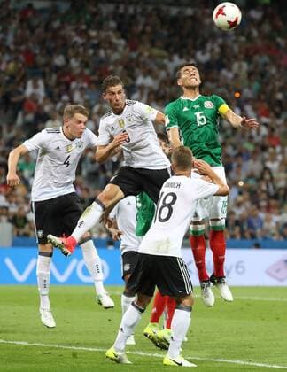 (170629) -- SOCHI, June 29, 2017 -- Leon Goretzka (2nd L) of Germany competes for a header with Hector Moreno (1st R) of Mexico during the semifinal match between Germany and Mexico of the 2017 FIFA Confederations Cup in Sochi, Russia, on June 29, 2017. Germany won 4-1. ) (SP)RUSSIA-SOCHI-SOCCER-FIFA-CONFEDERATIONS CUP-GER VS MEX XuxZijian 