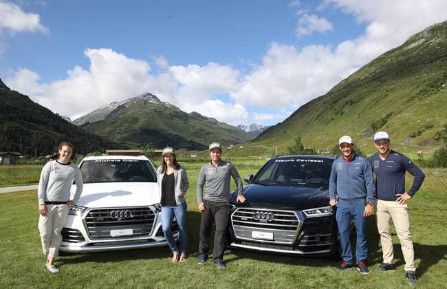 GOLF - Swiss Ski Golf Trophy ANDERMATT,SWITZERLAND,30.JUN.17 - GOLF - Swiss Ski Golf Trophy, Swiss Alps Golf Course. Image shows Michelle Gisin, Wendy Holdener, Beat Feuz, Luca Aerni and Mauro Caviezel (SUI). GEPAxpictures xAndreasxPranter
