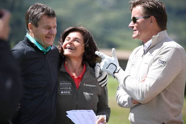 GOLF - Swiss Ski Golf Trophy ANDERMATT,SWITZERLAND,30.JUN.17 - GOLF - Swiss Ski Golf Trophy, Swiss Alps Golf Course. Image shows Franz Julen, Annalisa Gerber and Urs Lehmann. GEPAxpictures xAndreasxPranter