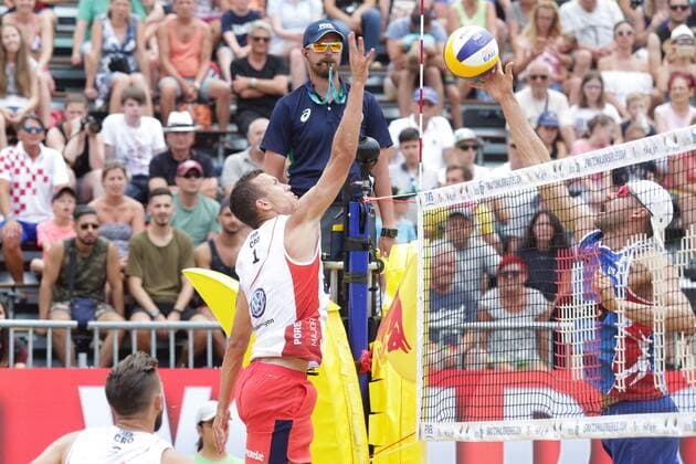 PXL_Swatch Beach volleyball Beachvolleyball Mayor Series in Porec 30.06.2017., Porec, Croatia - Swatch Beach Volleyball Mayor Series, match Perisic Dell Orco of Croatia against Gibb Crabb of USA. Ivan Perisic.  LukaxStanzl PIXSELL