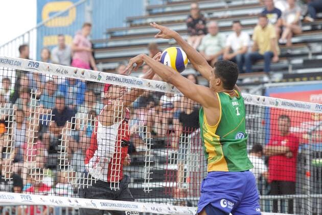Volleyball Major POL vs BRA - Porec, Croatia 30.06.2017., Porec, Croatia - Swatch Beach volleyball Beachvolleyball Major Series. Alvaro Filho Saymon Barbosa (Brazil) i Jakub Szalankiewi Maciej Rudol (Poland).  LukaxStanzl PIXSELL