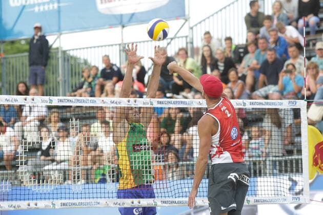 Volleyball Major POL vs BRA - Porec, Croatia 30.06.2017., Porec, Croatia - Swatch Beach volleyball Beachvolleyball Major Series. Alvaro Filho Saymon Barbosa (Brazil) i Jakub Szalankiewi Maciej Rudol (Poland).  LukaxStanzl PIXSELL