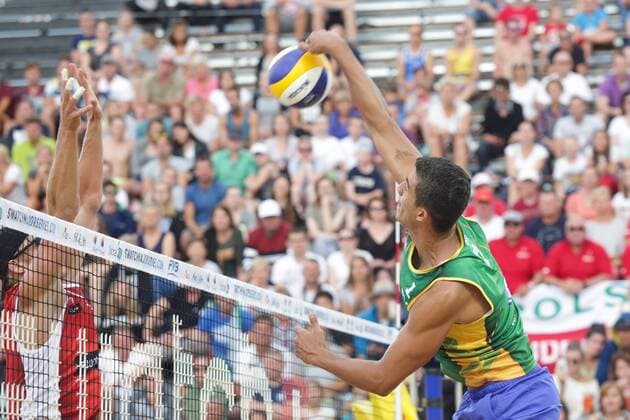 Volleyball Major POL vs BRA - Porec, Croatia 30.06.2017., Porec, Croatia - Swatch Beach volleyball Beachvolleyball Major Series. Alvaro Filho Saymon Barbosa (Brazil) i Jakub Szalankiewi Maciej Rudol (Poland).  LukaxStanzl PIXSELL