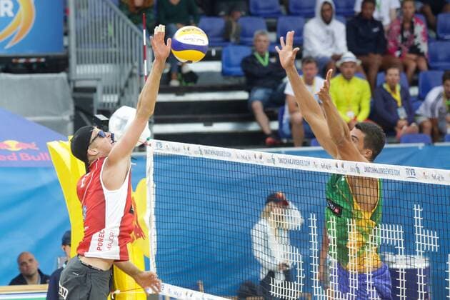 Volleyball Major POL vs BRA - Porec, Croatia 30.06.2017., Porec, Croatia - Swatch Beach volleyball Beachvolleyball Major Series. Alvaro Filho Saymon Barbosa (Brazil) i Jakub Szalankiewi Maciej Rudol (Poland).  LukaxStanzl PIXSELL