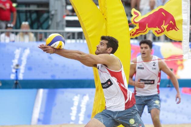 Volleyball Major USA vs CHI - Porec, Croatia 30.06.2017., Porec, Croatia - Swatch Beach volleyball Beachvolleyball Major Series. Phil Dalhausser Nick Lucena (USA) - Marco Grimalt Esteban Grimalt (Chile).  LukaxStanzl PIXSELL