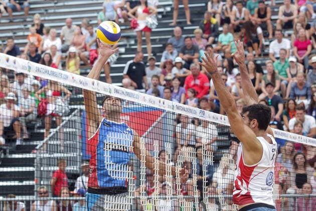 Volleyball Major USA vs CHI - Porec, Croatia 30.06.2017., Porec, Croatia - Swatch Beach volleyball Beachvolleyball Major Series. Phil Dalhausser Nick Lucena (USA) - Marco Grimalt Esteban Grimalt (Chile).  LukaxStanzl PIXSELL