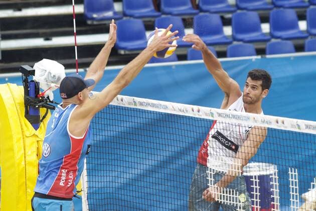 Volleyball Major USA vs CHI - Porec, Croatia 30.06.2017., Porec, Croatia - Swatch Beach volleyball Beachvolleyball Major Series. Phil Dalhausser Nick Lucena (USA) - Marco Grimalt Esteban Grimalt (Chile).  LukaxStanzl PIXSELL