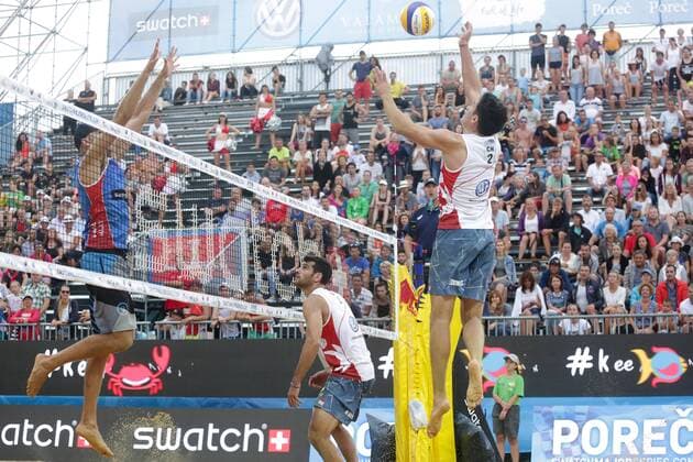 Volleyball Major USA vs CHI - Porec, Croatia 30.06.2017., Porec, Croatia - Swatch Beach volleyball Beachvolleyball Major Series. Phil Dalhausser Nick Lucena (USA) - Marco Grimalt Esteban Grimalt (Chile).  LukaxStanzl PIXSELL