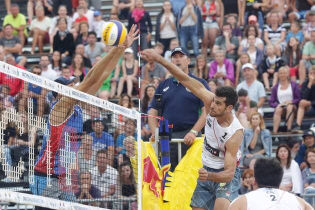 Volleyball Major USA vs CHI - Porec, Croatia 30.06.2017., Porec, Croatia - Swatch Beach volleyball Beachvolleyball Major Series. Phil Dalhausser Nick Lucena (USA) - Marco Grimalt Esteban Grimalt (Chile).  LukaxStanzl PIXSELL