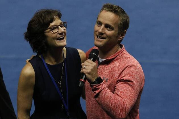MILWAUKEE, WI - JUNE 29: Olympic gold medalist Bonnie Blair is interviewed during the USA Gymnastics Championships at the BMO Harris Bradley Center on June 29, 2017 in Milwaukee, WI. (Photo by Larry Radloff Icon Sportswire) GYMNASTICS: JUN 29 USA Gymnastics Championships Icon1706294983 EDITORIAL USE ONLY