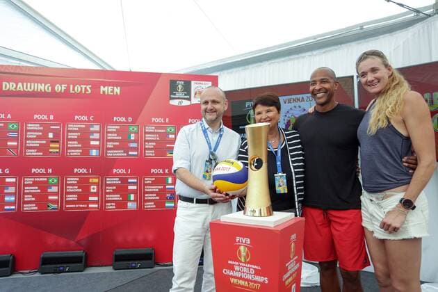 The FIVB Beach volleyball Beachvolleyball World Championships Vienna 2017 Drawing of Lots 01.07.2017., Croatia, Porec - The FIVB Beach Volleyball World Championships Vienna 2017 Drawing of Lots took placee place during the Porec Major series event. Norbert Kettner, Renate Brauner, Dain Blanton, Kerri Walsh Jennings.  LukaxStanzl PIXSELL