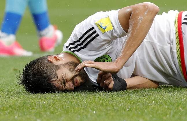 MOSCOW, RUSSIA â€“ JULY 2, 2017: Mexicoâ€™s Nestor Araujo injured in their 2017 FIFA Confederations Cup third place football match against Portugal at Otkrytie Arena. Mikhail Japaridze TASS  TS055C7F