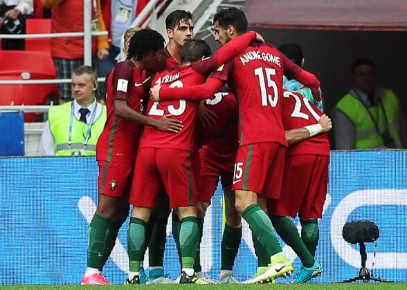 MOSCOW, RUSSIA â€“ JULY 2, 2017: Portugalâ€™s Andre Silva (C back), Andre Gomes (R) and their teammates celebrate scoring against Mexico in their 2017 FIFA Confederations Cup third place football match at Otkrytie Arena. Sergei Savostyanov TASS  TS055C89