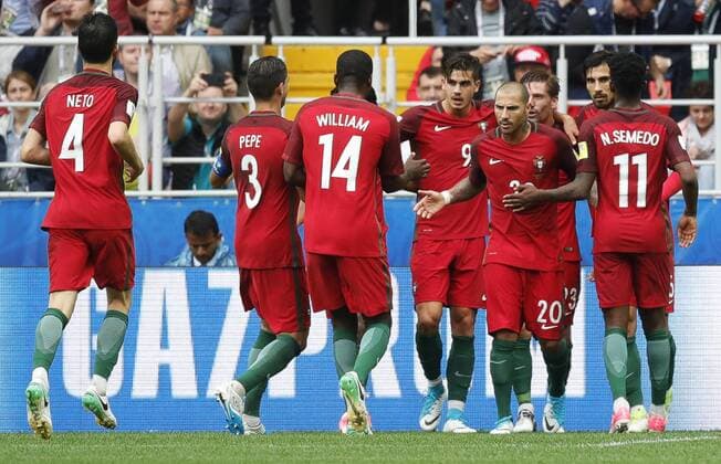 MOSCOW, RUSSIA â€“ JULY 2, 2017: Portugal s Andre Silva (C), Ricardo Quaresma (2nd R front) and their teammates celebrate scoring against Mexico in their 2017 FIFA Confederations Cup third place football match at Otkrytie Arena. Mikhail Japaridze TASS  TS055C91