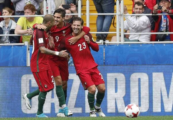 MOSCOW, RUSSIA â€“ JULY 2, 2017: Portugalâ€™s Ricardo Quaresma, Andre Silva, and Adrien Silva (L-R) celebrate scoring against Mexico in their 2017 FIFA Confederations Cup third place football match at Otkrytie Arena. Mikhail Japaridze TASS  TS055C93