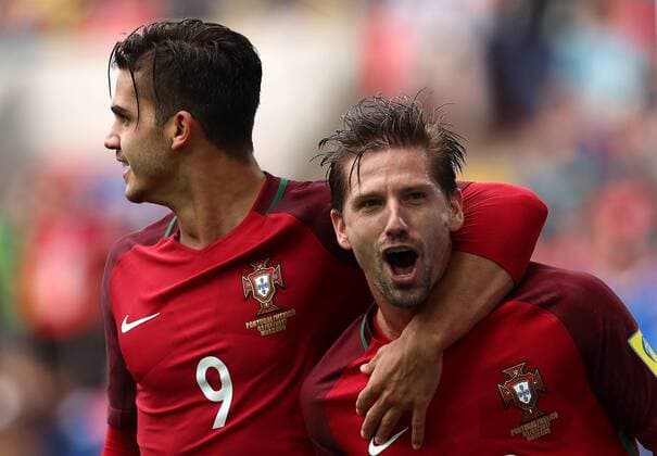 MOSCOW, RUSSIA â€“ JULY 2, 2017: Portugalâ€™s Andre Silva (L) and Adrien Silva celebrate scoring against Mexico in their 2017 FIFA Confederations Cup third place football match at Otkrytie Arena. Sergei Savostyanov TASS  TS055C96