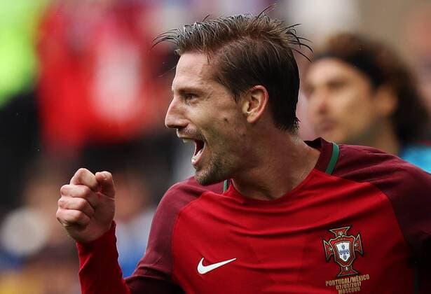 MOSCOW, RUSSIA â€“ JULY 2, 2017: Portugalâ€™s Adrien Silva scores a goal against Mexico in their 2017 FIFA Confederations Cup third place football match at Otkrytie Arena. Sergei Savostyanov TASS  TS055C98