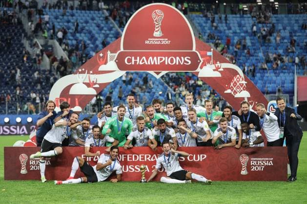 (170703) -- ST. PETERSBURG, July 3, 2017 -- German players pose for photos during the awarding ceremony after the final match between Chile and Germany at the 2017 FIFA Confederations Cup in St. Petersburg, Russia, on July 2, 2017. Germany claimed the title by defeating Chile with 1-0. ) (SP)RUSSIA-ST. PETERSBURG-SOCCER-FIFA CONFED CUP-FINAL-GER VS CHI WuxZhuang 