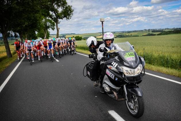 LONGWY, LUXEMBOURG - JULY 3 : Illustration picture showing a television camera on a motorbike taking images from the peloton during stage 3 of the 104th edition of the 2017 Tour de France cycling race, a stage of 212 kms between Verviers and Longwy on July 03, 2017 in Longwy, Luxembourg, 3 07 2017 CYCLISME : Tour de France 2017 - Etape 3 - Verviers Longwy - 03 07 2017 PHOTONEWS PANORAMIC 