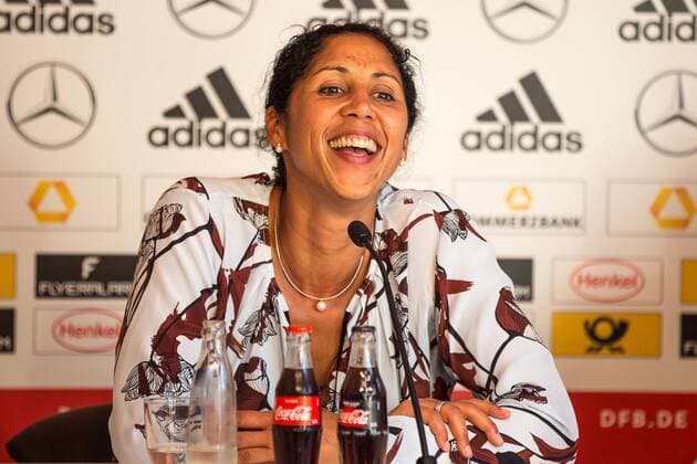 04.07.2017, xavx, Fussball Testspiel Frauen, Deutschland - Brasilien, emspor, v.l. Freut sich über den Sieg: Bundestrainerin Steffi Jones (Deutschland Germany) auf der Pressekonferenz nach dem Spiel Sandhausen