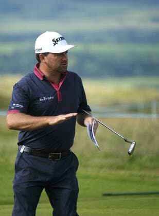 July 5th 2017, Portstewart Golf Club, Portstewart, Northern Ireland; Dubai Duty Free Irish Open Golf Championship; Pro-Am Tournament; Graeme McDowell (NIR) reacts to the lay of the 18th putting green after playing his shot xNigelxCookex  ActionPlus11897932