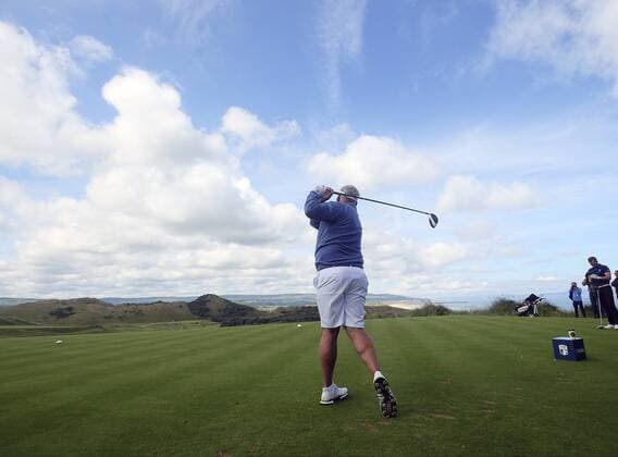 July 5th 2017, Portstewart Golf Club, Portstewart, Northern Ireland; Dubai Duty Free Irish Open Golf Championship; Pro-Am Tournament; Darren Clarke (NIR) plays his shot from the 1st tee xNigelxCookex  ActionPlus11897936