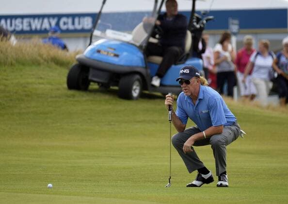 July 5th 2017, Portstewart Golf Club, Portstewart, Northern Ireland; Dubai Duty Free Irish Open Golf Championship; Pro-Am Tournament; Miguel Angel Jimenez (ESP) lines up his putt on the 18th green xNigelxCookex  ActionPlus11897937