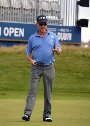 July 5th 2017, Portstewart Golf Club, Portstewart, Northern Ireland; Dubai Duty Free Irish Open Golf Championship; Pro-Am Tournament; Miguel Angel Jimenez (ESP) throws the ball in the air after missing his shot on the 18th green xNigelxCookex  ActionPlus11897939