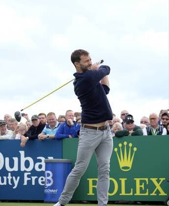 July 5th 2017, Portstewart Golf Club, Portstewart, Northern Ireland; Dubai Duty Free Irish Open Golf Championship; Pro-Am Tournament; Actor Jamie Dornan plays his shot from the 1st tee xNigelxCookex  ActionPlus11897957