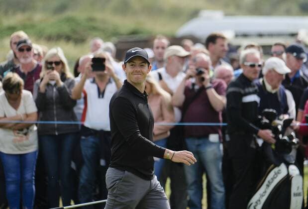 July 5th 2017, Portstewart Golf Club, Portstewart, Northern Ireland; Dubai Duty Free Irish Open Golf Championship; Pro-Am Tournament; Rory Mcllroy (NIR) pulls a face as he spots someone in the crowd on the 18th green xNigelxCookex  ActionPlus11898088