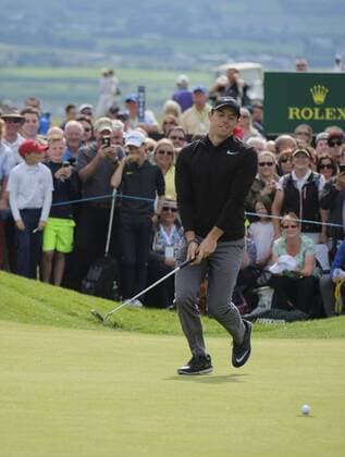 July 5th 2017, Portstewart Golf Club, Portstewart, Northern Ireland; Dubai Duty Free Irish Open Golf Championship; Pro-Am Tournament; Rory Mcllroy (NIR) reacts as his putt on the 18th fails to drop xNigelxCookex  ActionPlus11898091
