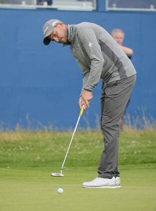 July 5th 2017, Portstewart Golf Club, Portstewart, Northern Ireland; Dubai Duty Free Irish Open Golf Championship; Pro-Am Tournament; David Howell (ENG) goes for the putt on the 18th xNigelxCookex  ActionPlus11898093
