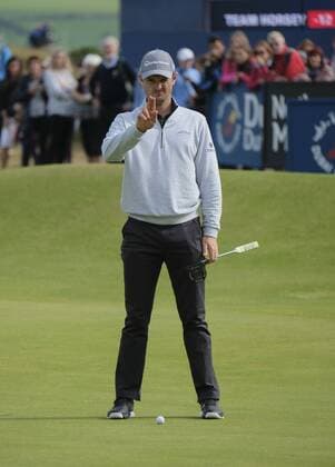 July 5th 2017, Portstewart Golf Club, Portstewart, Northern Ireland; Dubai Duty Free Irish Open Golf Championship; Pro-Am Tournament; Justin Rose (ENG) lines up his putt on the 18th xNigelxCookex  ActionPlus11898095
