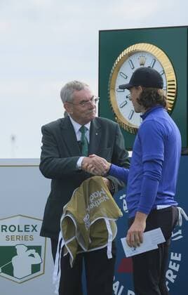 July 6th 2017, Portstewart Golf Club, Portstewart, Northern Ireland; Dubai Duty Free Irish Open Golf Championship; Day 1; Tommy Fleetwood (ENG) is congratulated on his recent victory on the European Tour by the official starter xNigelxCookex  ActionPlus11898242