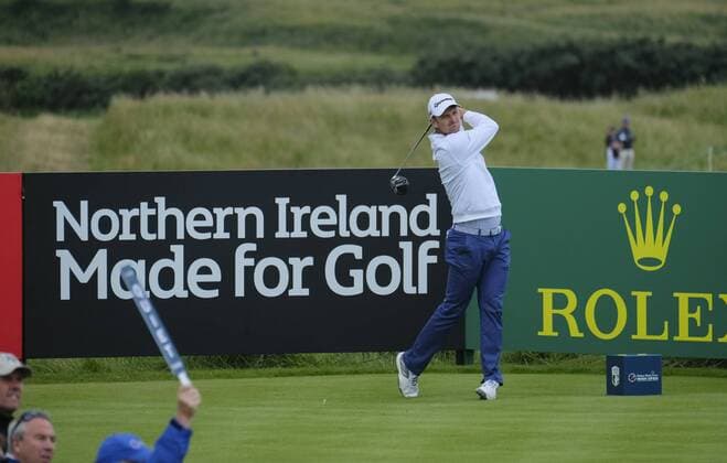 July 6th 2017, Portstewart Golf Club, Portstewart, Northern Ireland; Dubai Duty Free Irish Open Golf Championship; Day 1; Justin Rose (ENG) makes his tee shot on the 16th xNigelxCookex  ActionPlus11898261