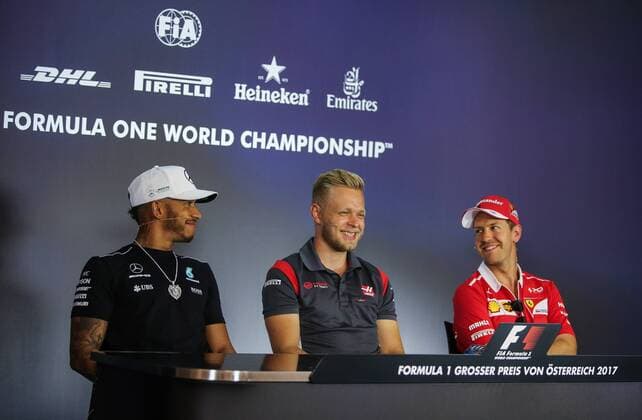 FORMULA 1 - GP of Austria 2017 SPIELBERG,AUSTRIA,06.JUL.17 - MOTORSPORTS, FORMULA 1 - Grand Prix of Austria, Red Bull Ring, press conference PK Pressekonferenz Image shows Lewis Hamilton (GBR Mercedes), Kevin Magnussen (DEN Haas) and Sebastian Vettel (GER Ferrari). GEPAxpictures xDanielxGoetzhaber