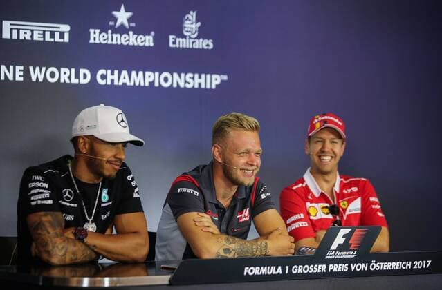 FORMULA 1 - GP of Austria 2017 SPIELBERG,AUSTRIA,06.JUL.17 - MOTORSPORTS, FORMULA 1 - Grand Prix of Austria, Red Bull Ring, press conference PK Pressekonferenz Image shows Lewis Hamilton (GBR Mercedes), Kevin Magnussen (DEN Haas) and Sebastian Vettel (GER Ferrari). GEPAxpictures xDanielxGoetzhaber